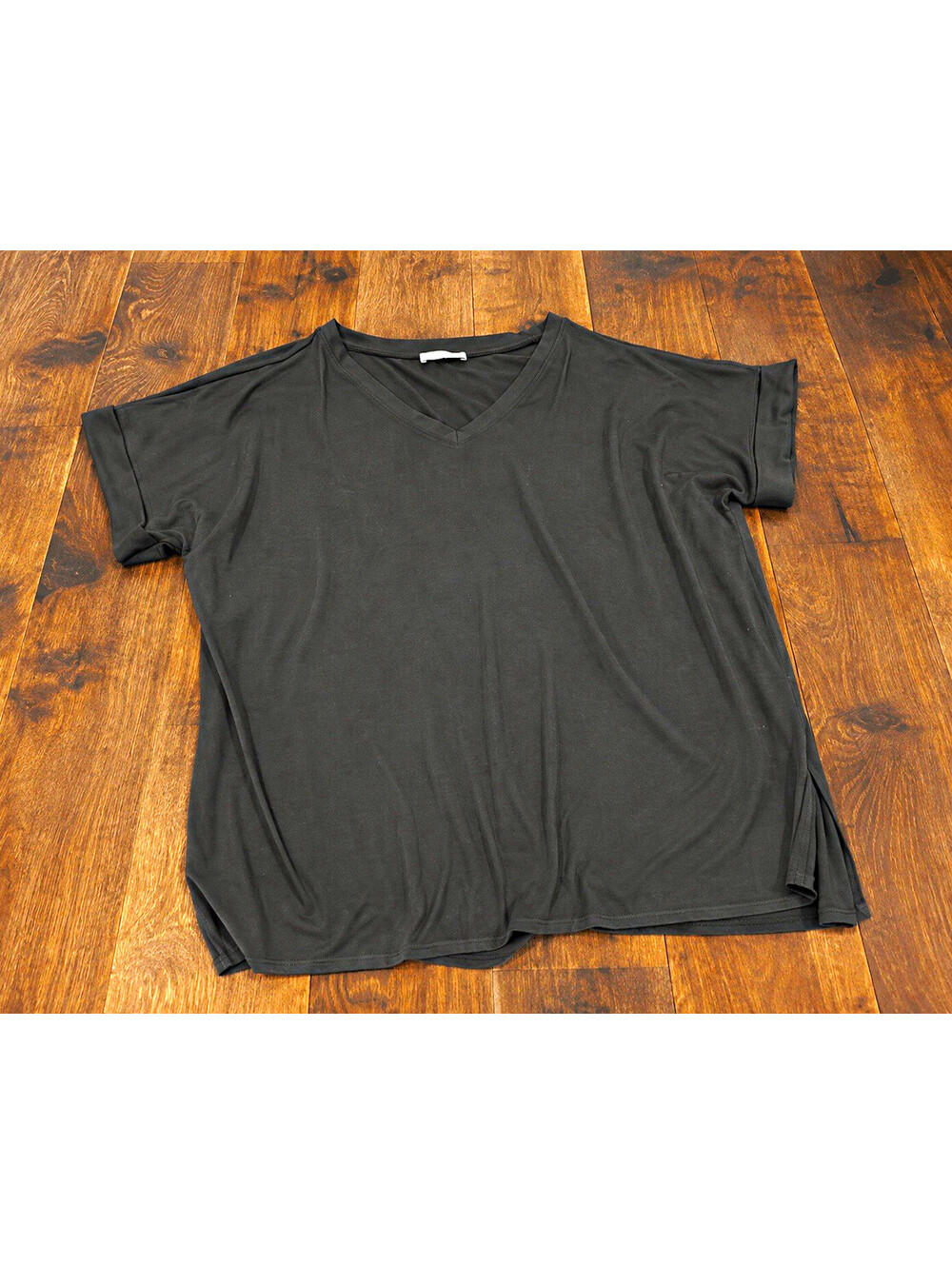 Women’s Black Knit V-Neck Short Sleeve Solid Tee T-Shirt Size Large
